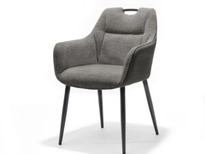 Eetkamerstoel Adele Antraciet Retro Bliss: grijze gestoffeerde stoel met zwarte poten.