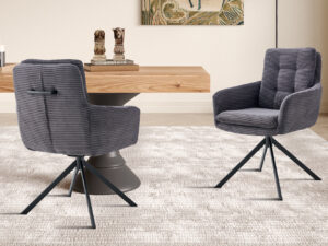 Stoel Luna Draaibaar Grijs Corduroy: Grijze corduroy draaistoel van Nieuwe Sfeer op lichte vloerkleed.