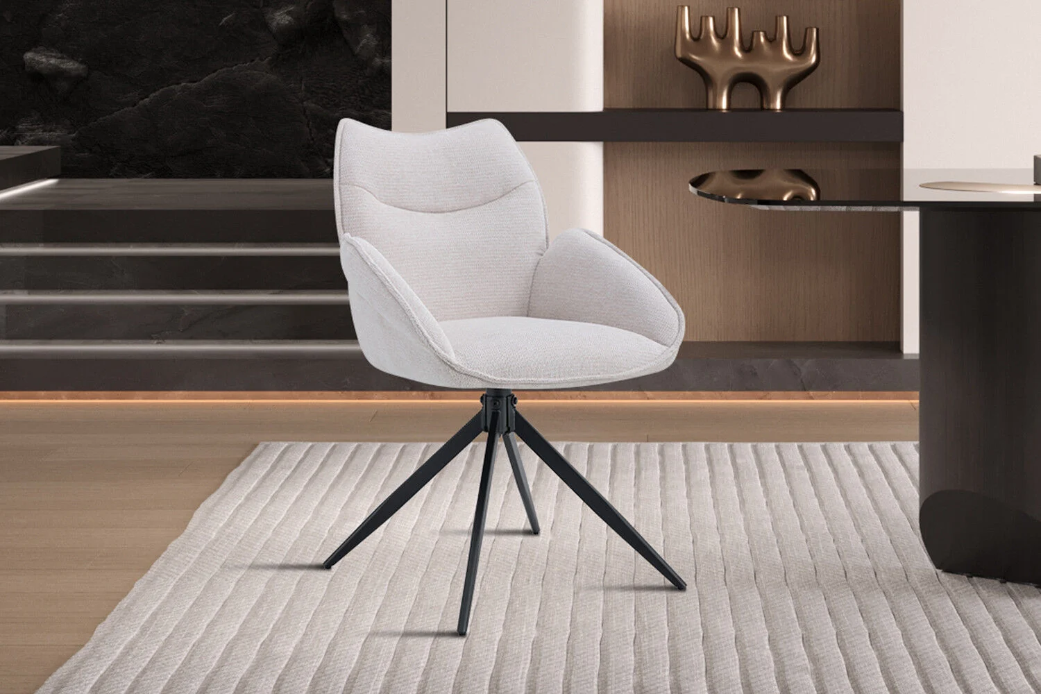 Stoel Mahi Draaibaar Beige Stof | Nieuwe Sfeer: Beige draaistoel met een modern design.