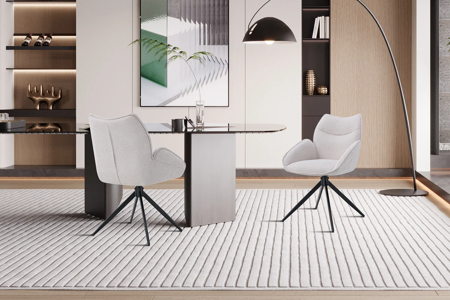 Stoel Mahi Draaibaar Beige Stof: Twee beige draaistoelen rond een tafel in een moderne kamer.