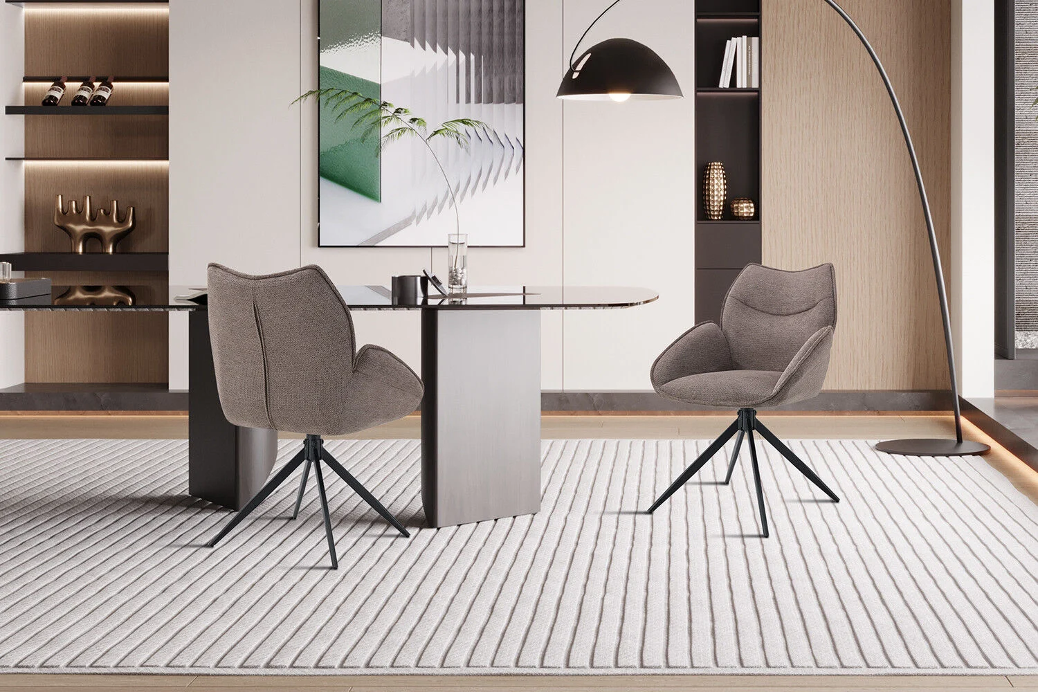 Stoel Mahi Draaibaar Peper Stof van Nieuwe Sfeer: Grijze draaistoel in een modern interieur.