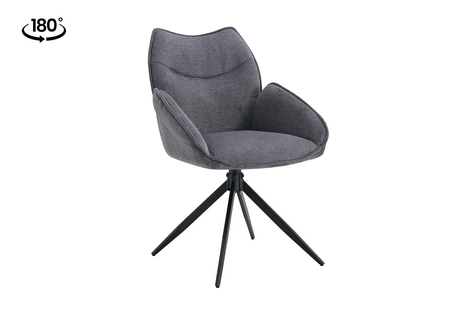 Stoel Mahi Draaibaar Donkergrijs Stof | Nieuwe Sfeer: Draaifauteuil met donkergrijze stoffen bekleding en zwart metalen onderstel.