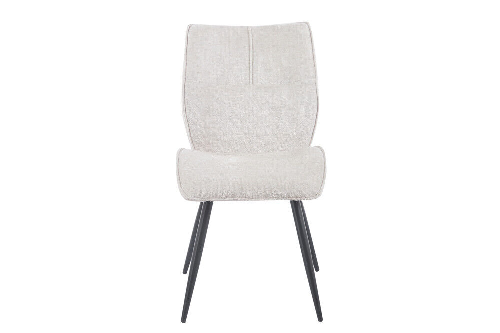 Eetkamerstoel Faye Ecru Stof: beige stoffen stoel met zwarte metalen poten voor een nieuwe sfeer