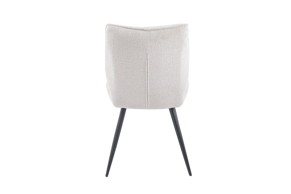 Eetkamerstoel Faye Ecru Stof, achterkant. Moderne stoel met zwarte poten en ecru stoffen bekleding.
