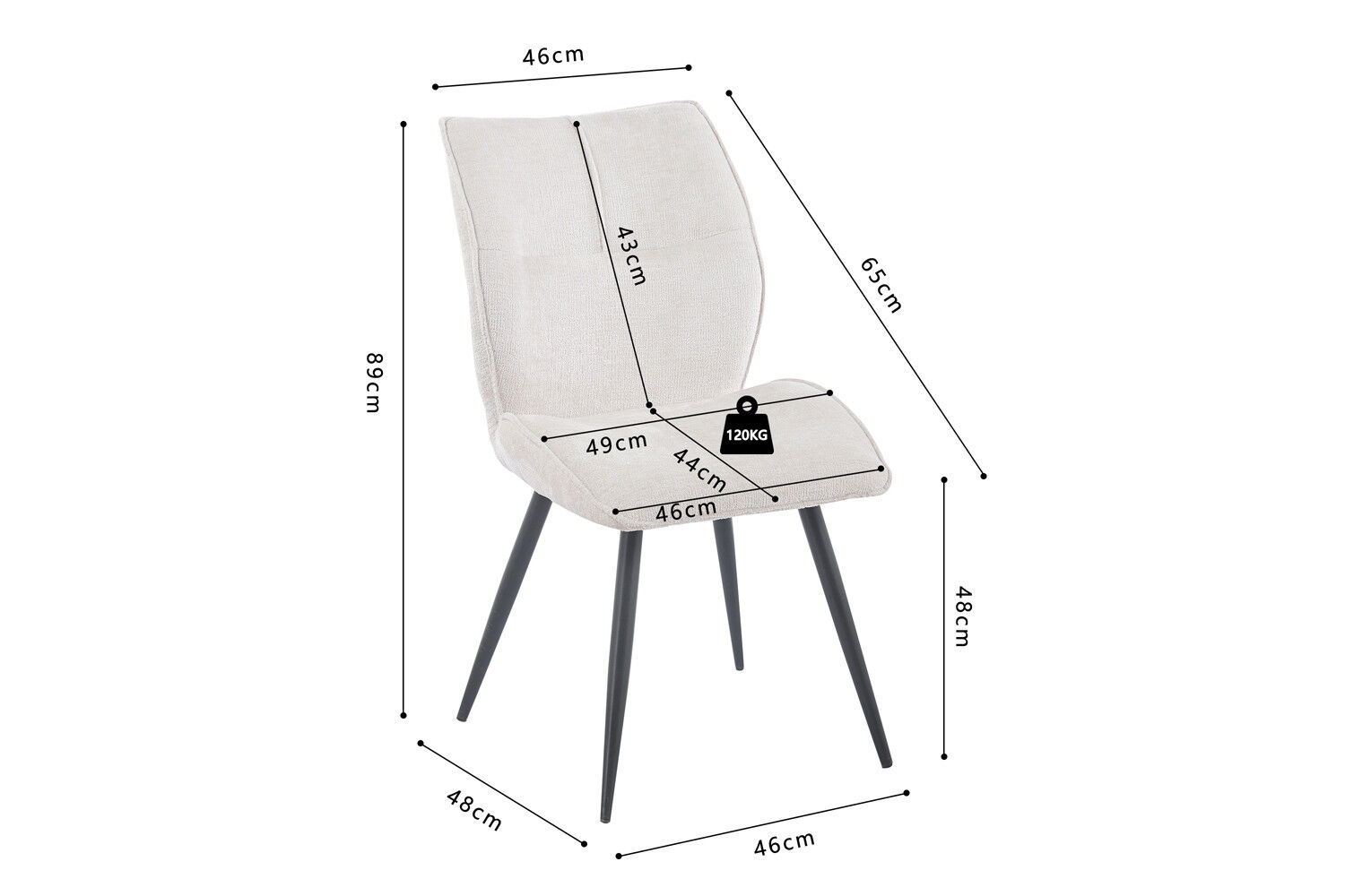 Eetkamerstoel Faye Ecru Stof van Nieuwe Sfeer met afmetingen. Stoel met beige bekleding en zwarte poten.