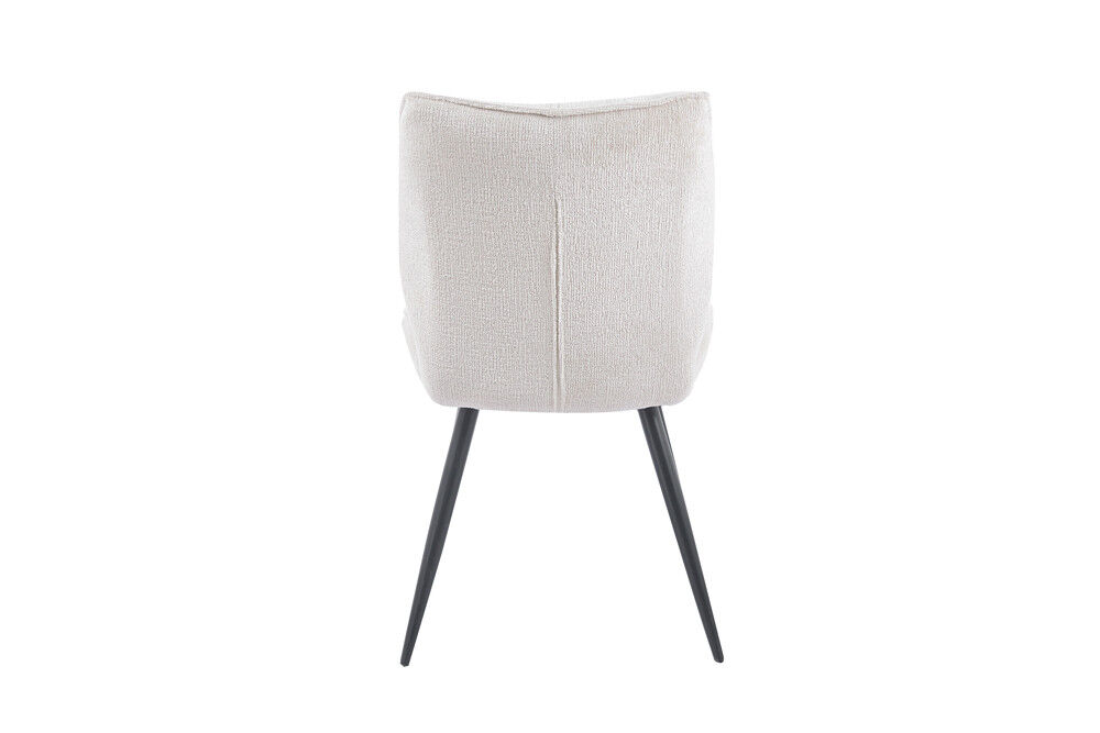 Eetkamerstoel Faye Zand Stof: beige stoffen eetkamerstoel met zwarte metalen poten.