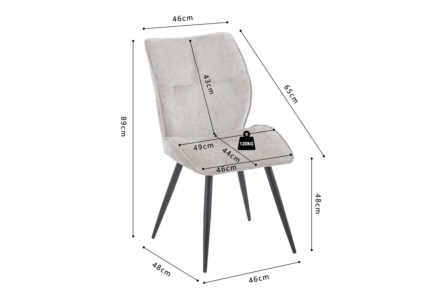 Eetkamerstoel Faye Zand Stof: beige stoel met afmetingen 89x46x48 cm, voor een nieuwe sfeer.