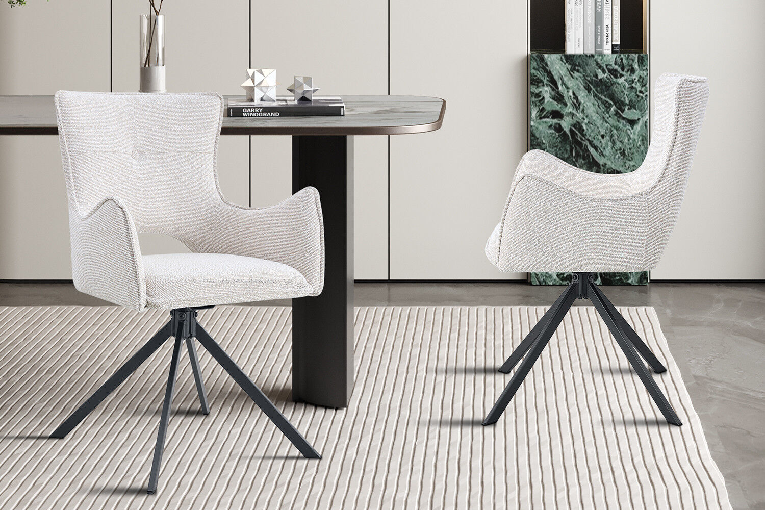 Eetkamerstoel Billy Ecru Draaibaar: stijlvolle draaibare eetkamerstoel in ecru kleur voor een nieuwe sfeer in de eetkamer.