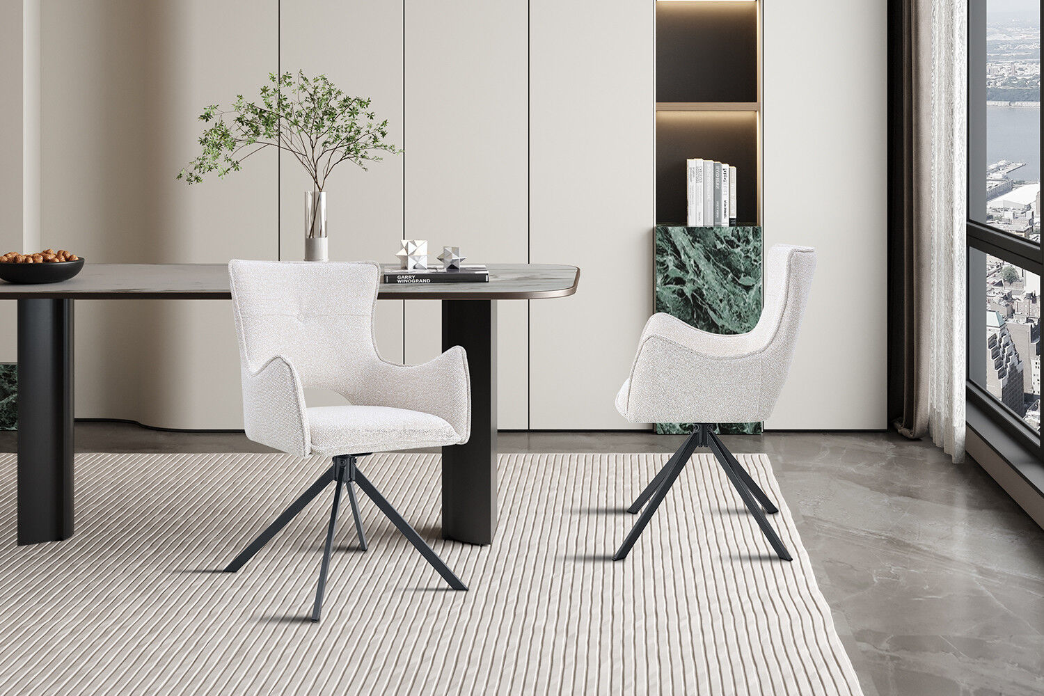 Eetkamerstoel Billy Ecru Draaibaar in moderne eetkameropstelling.