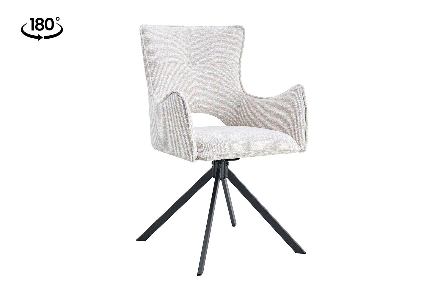 Eetkamerstoel Billy Ecru Draaibaar | Nieuwe Sfeer: Draaibare ecru eetkamerstoel met armleuningen en zwart metalen onderstel.