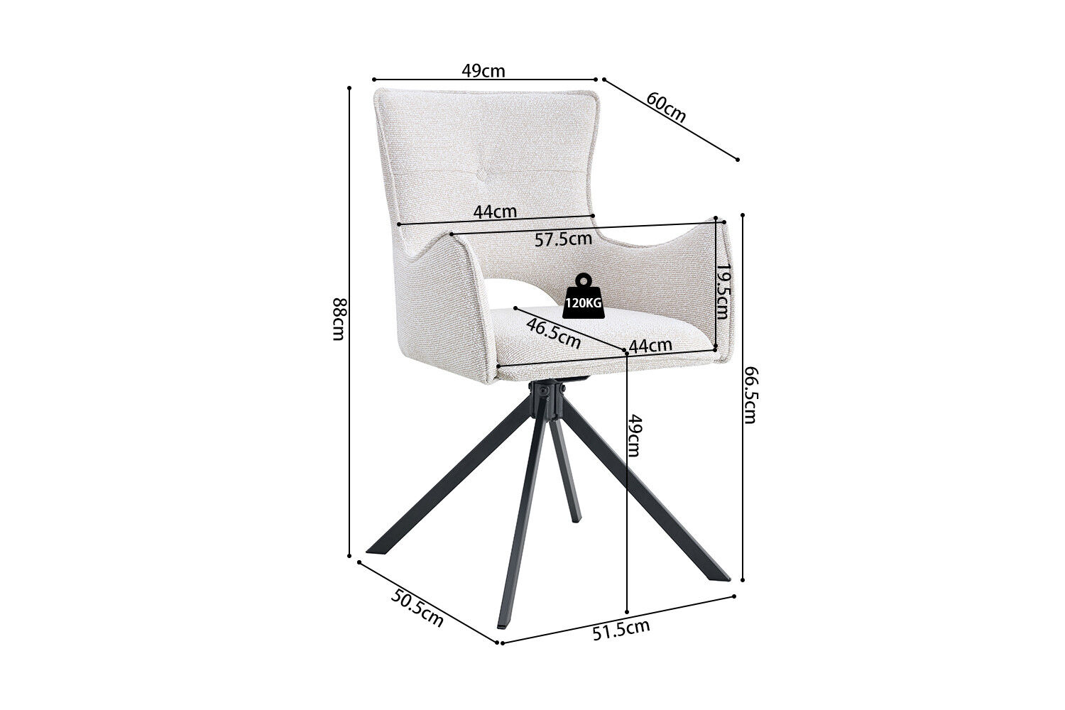 Eetkamerstoel Billy Ecru Draaibaar van Nieuwe Sfeer met afmetingen.