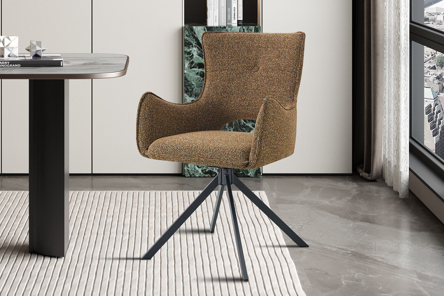 Eetkamerstoel Billy Roest Draaibaar in roestkleur met zwart metalen onderstel.