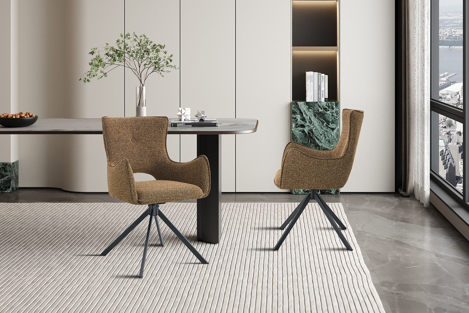 Eetkamerstoel Billy Roest Draaibaar: Bruine, draaibare eetkamerstoel in een moderne omgeving.