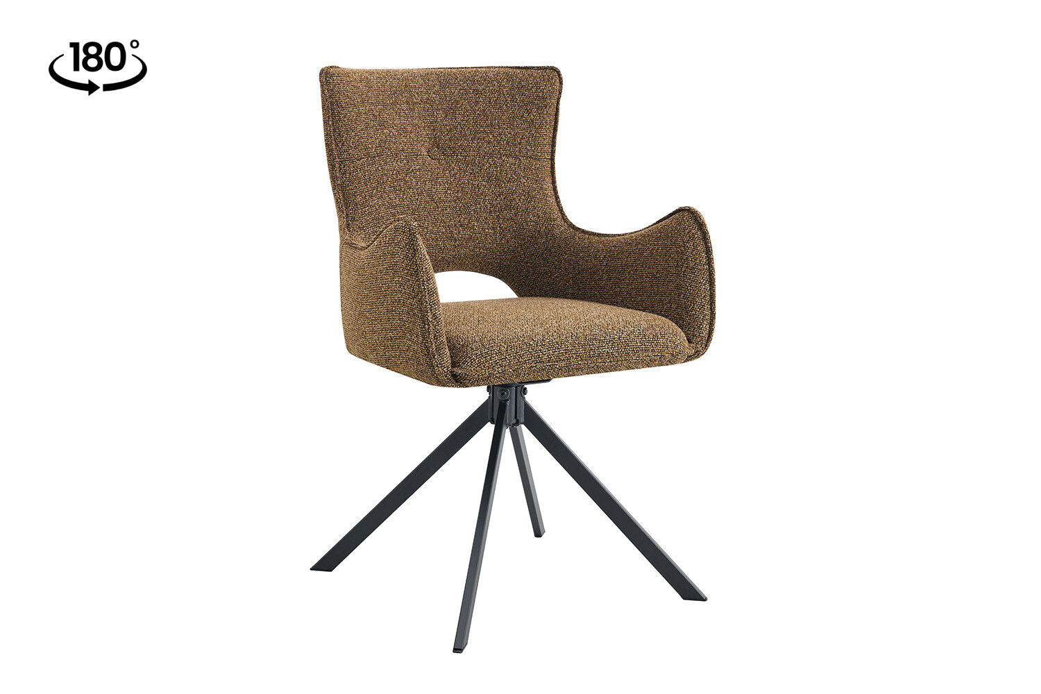 Eetkamerstoel Billy Roest Draaibaar: bruine stoffen stoel met zwart metalen poten.