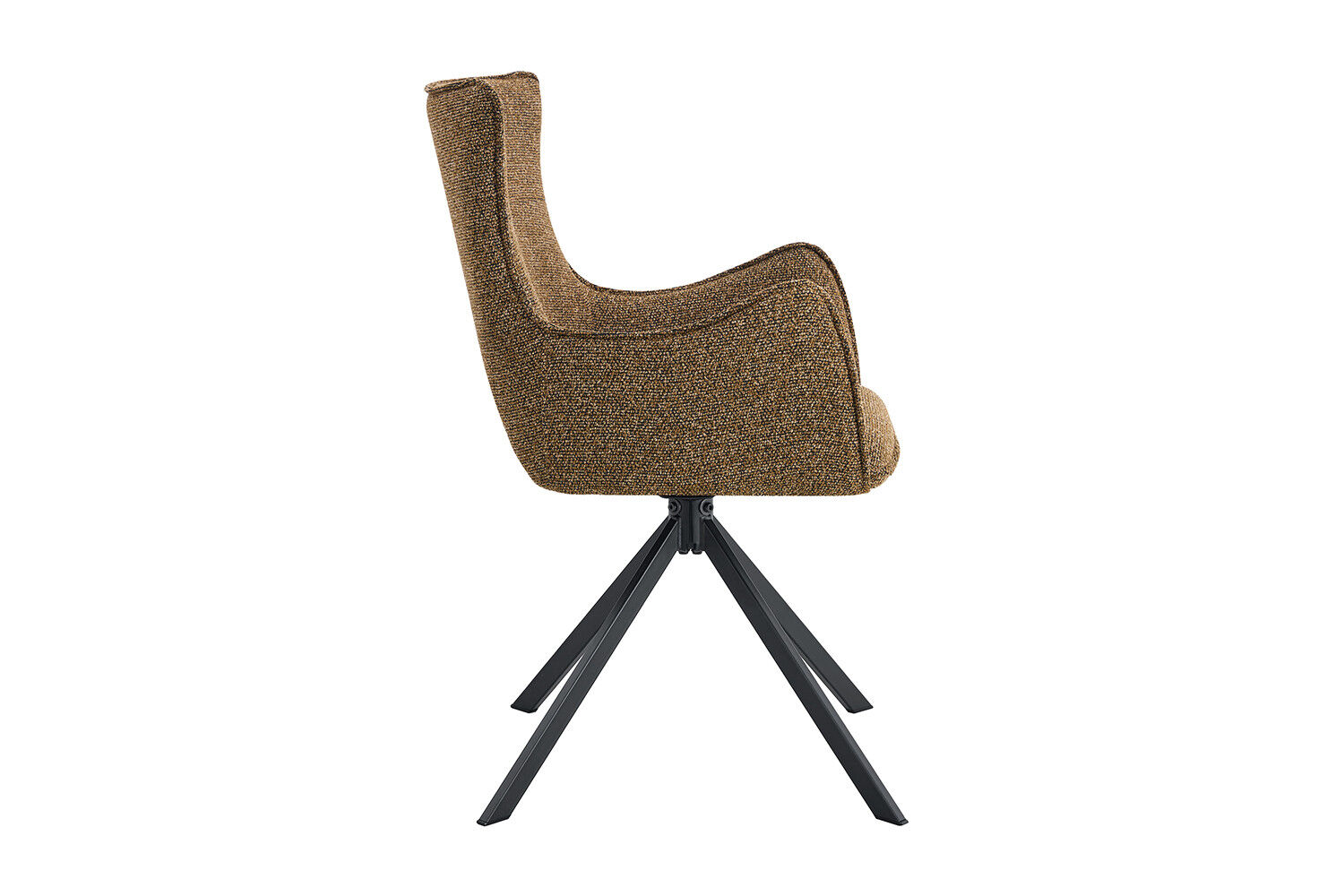 Eetkamerstoel Billy Roest Draaibaar: bruine stoffen stoel met zwart onderstel voor een nieuwe sfeer.