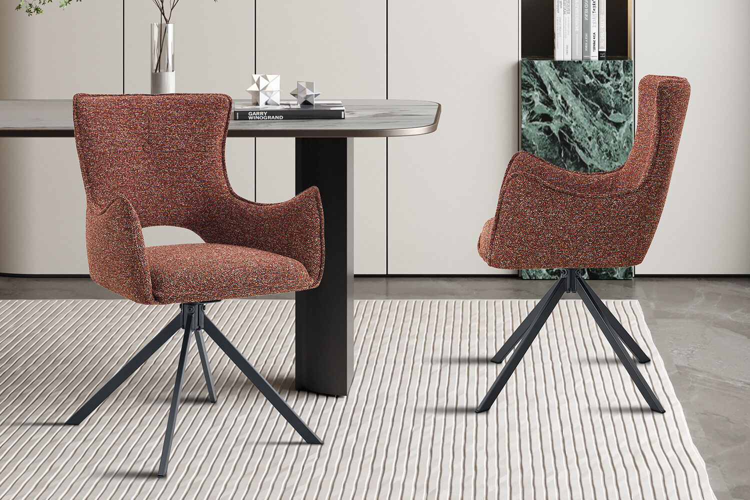 Eetkamerstoel Billy Rood Stof Draaibaar: Rode stoffen draaistoel met modern design en zwart metalen onderstel