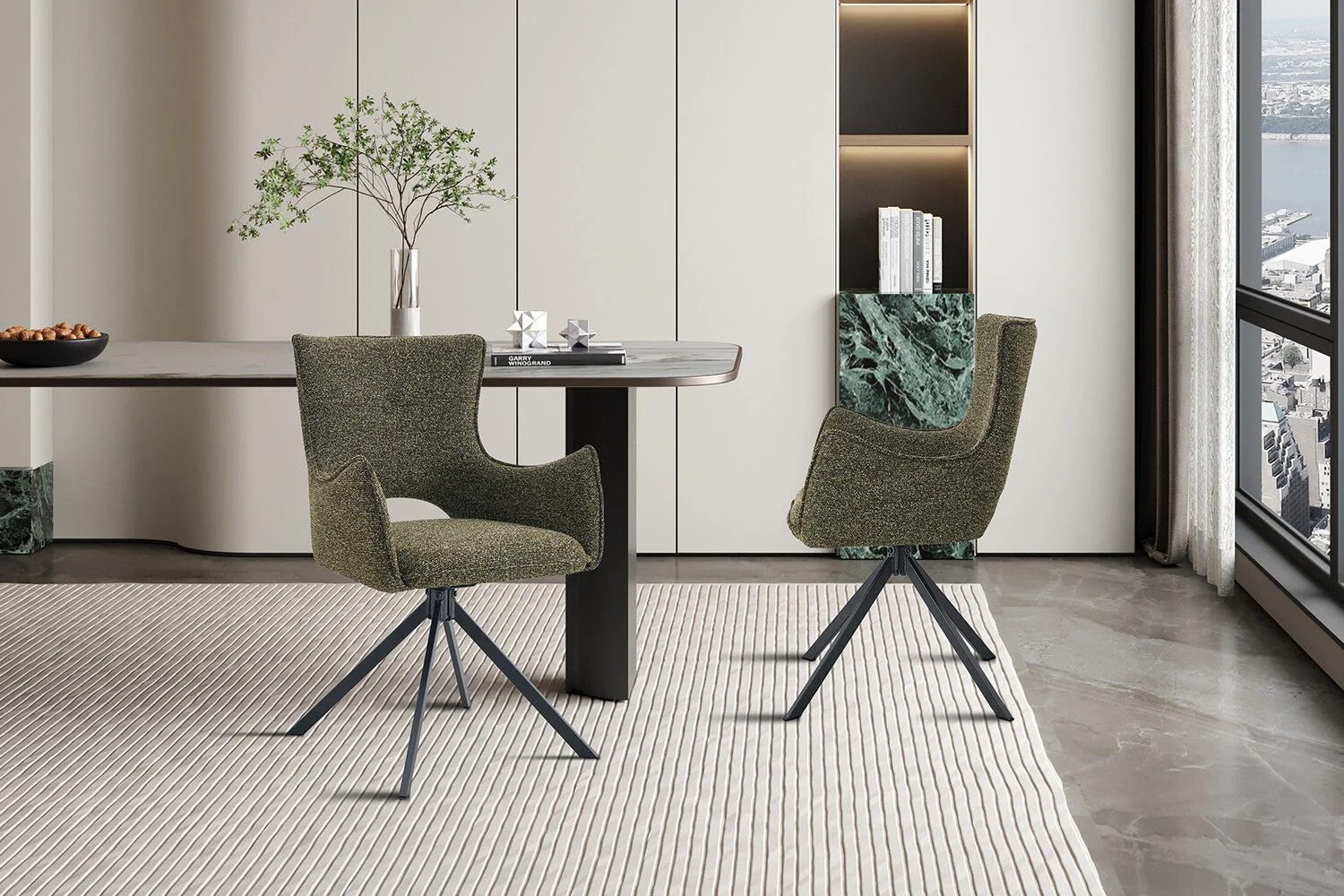 Eetkamerstoel Billy Groen Draaibaar | Nieuwe Sfeer: Groene draaibare eetkamerstoelen bij een eettafel.