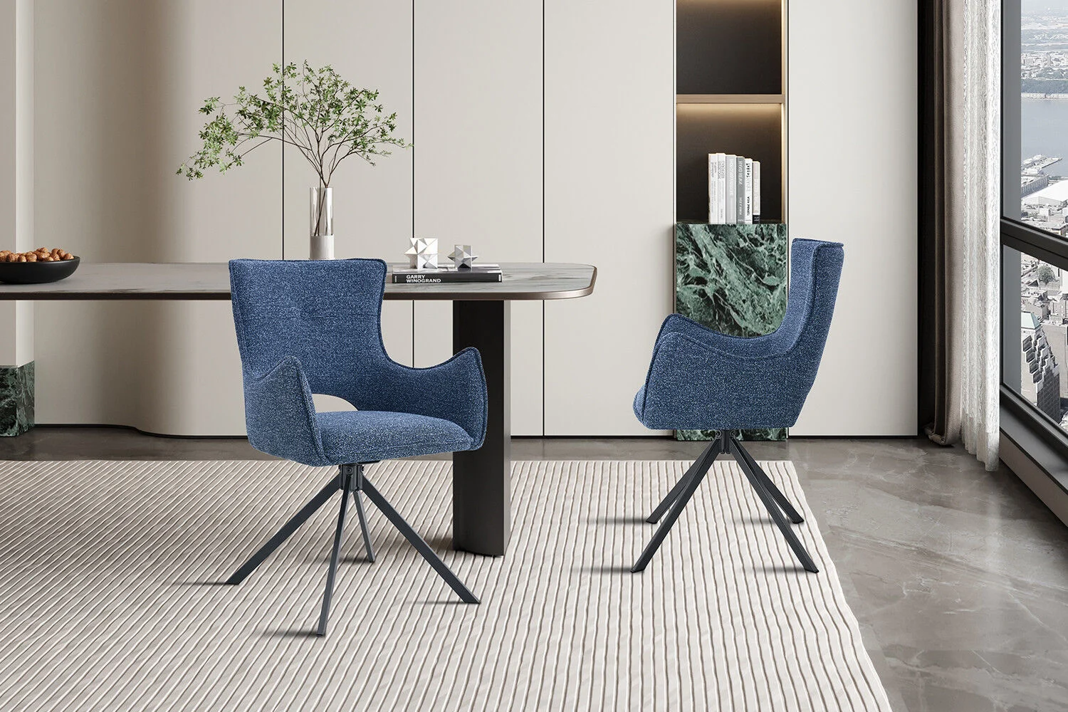 Eetkamerstoel Billy Blauw Draaibaar: blauwe, draaibare stoel voor een nieuwe sfeer in de eetkamer.