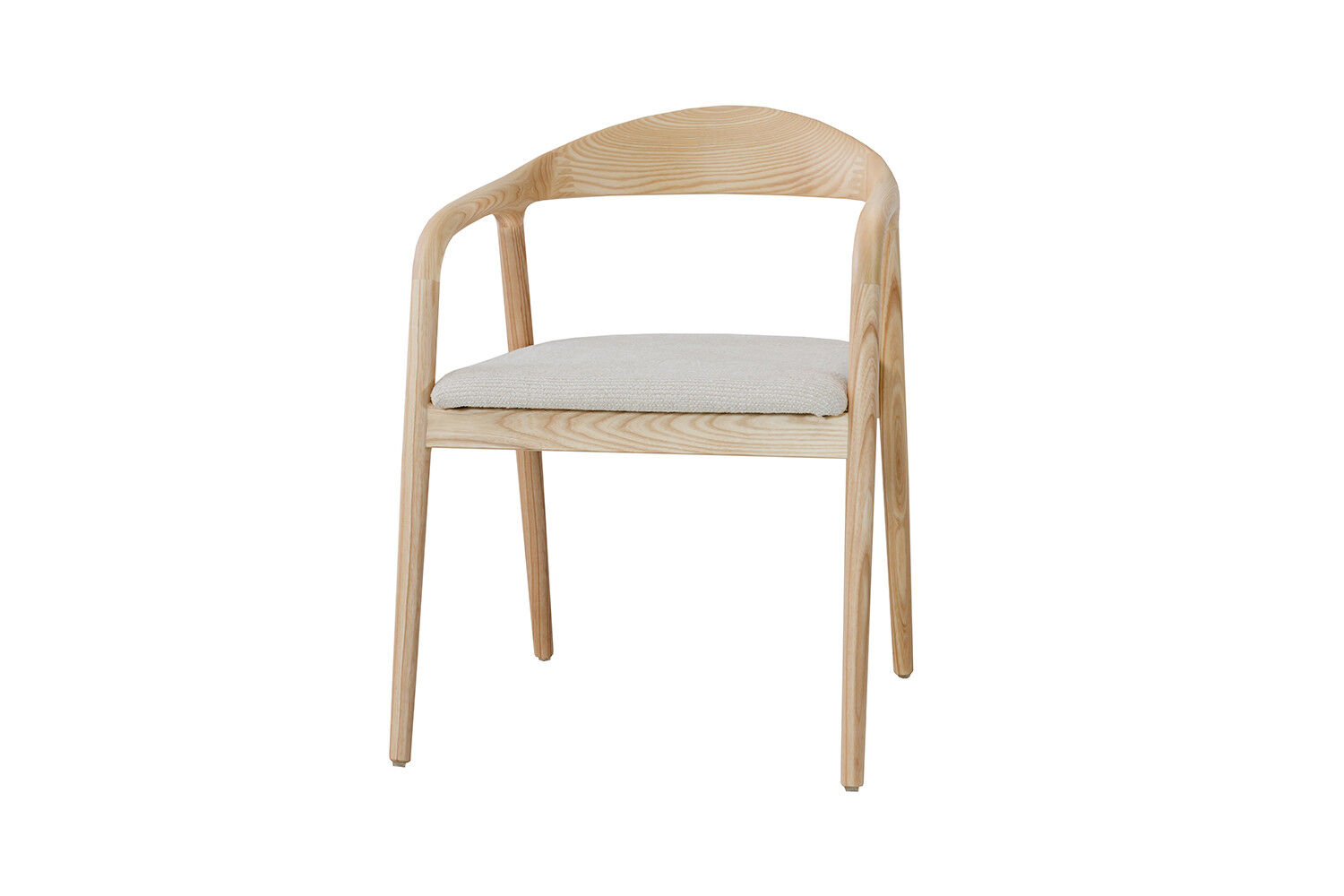 Eetkamerstoel Claire Essenhout Naturel Beige: Houten stoel met armleuningen en beige stoffen zitting.