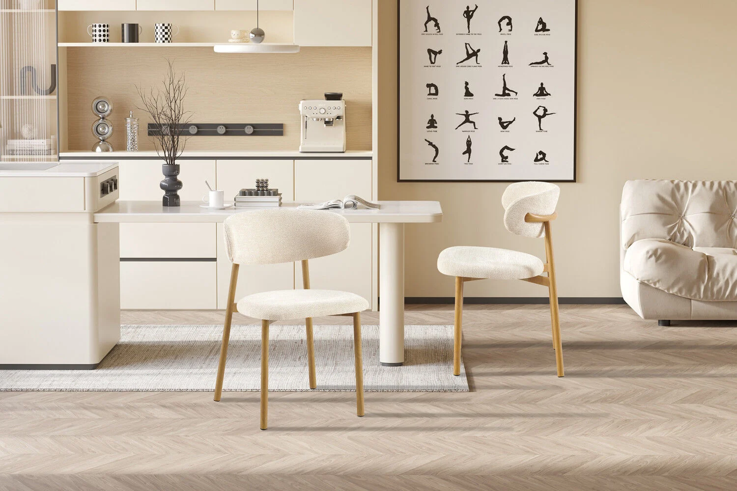 Eetkamerstoel Coco Naturel Metaal Beige: Beige eetkamerstoelen in een lichte, moderne keukenopstelling.