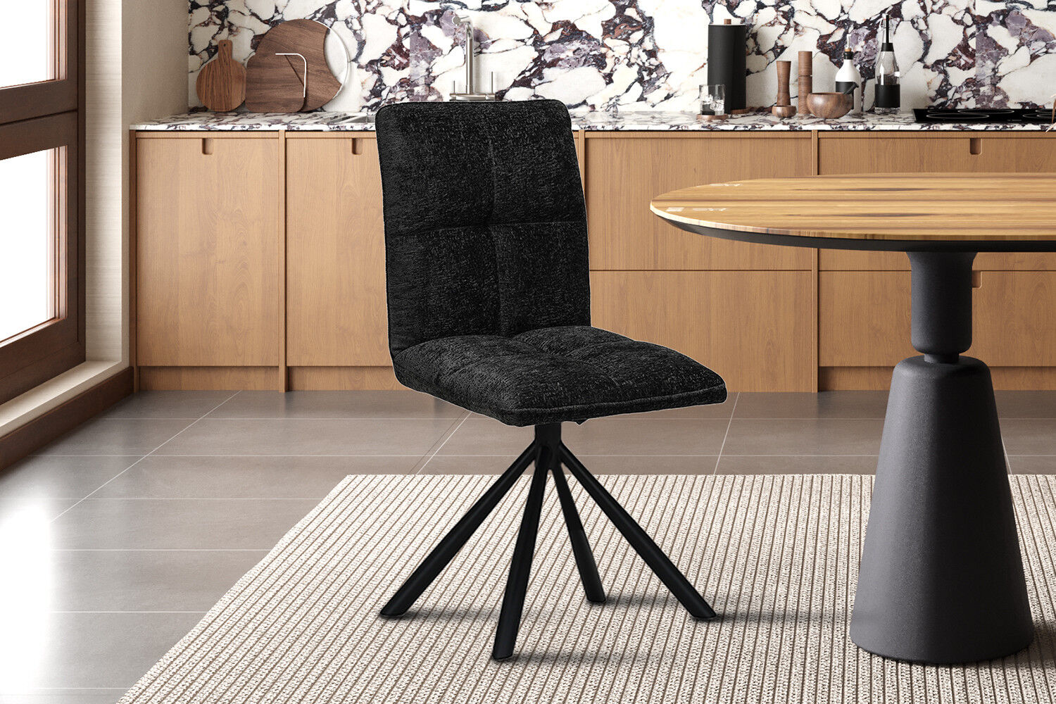 Stoel Jack Draaibaar Donkergrijs Stof van Nieuwe Sfeer: draaibare stoel met donkergrijs stoffen bekleding en zwart metalen onderstel.