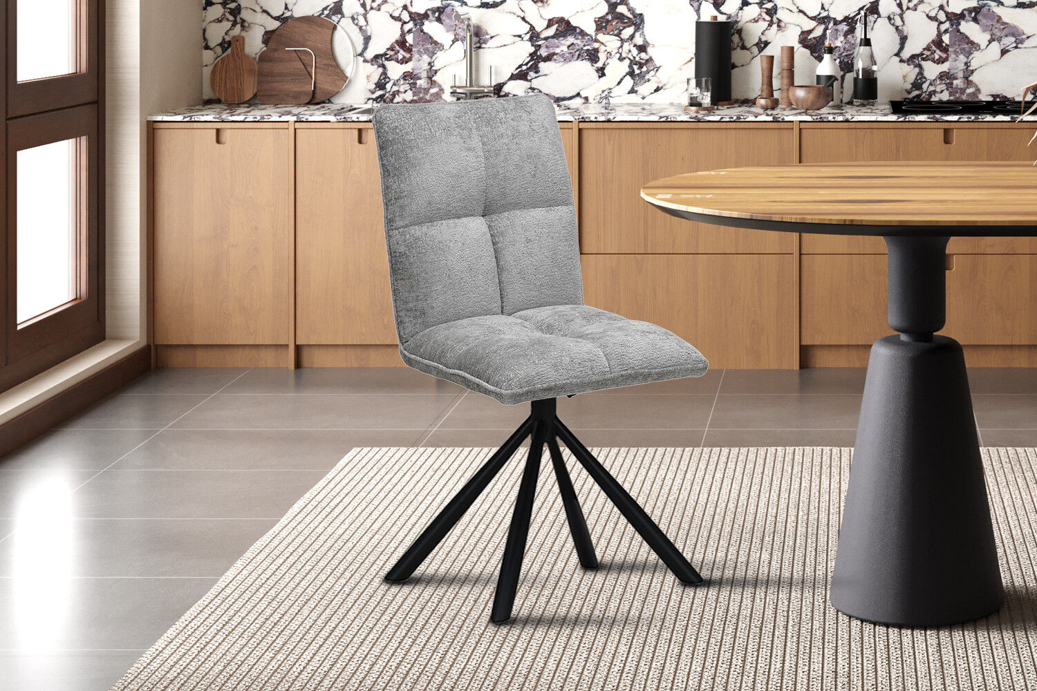 Stoel Jack Draaibaar Lichtgrijs Stof: lichtgrijze draaistoel met zwarte poten.