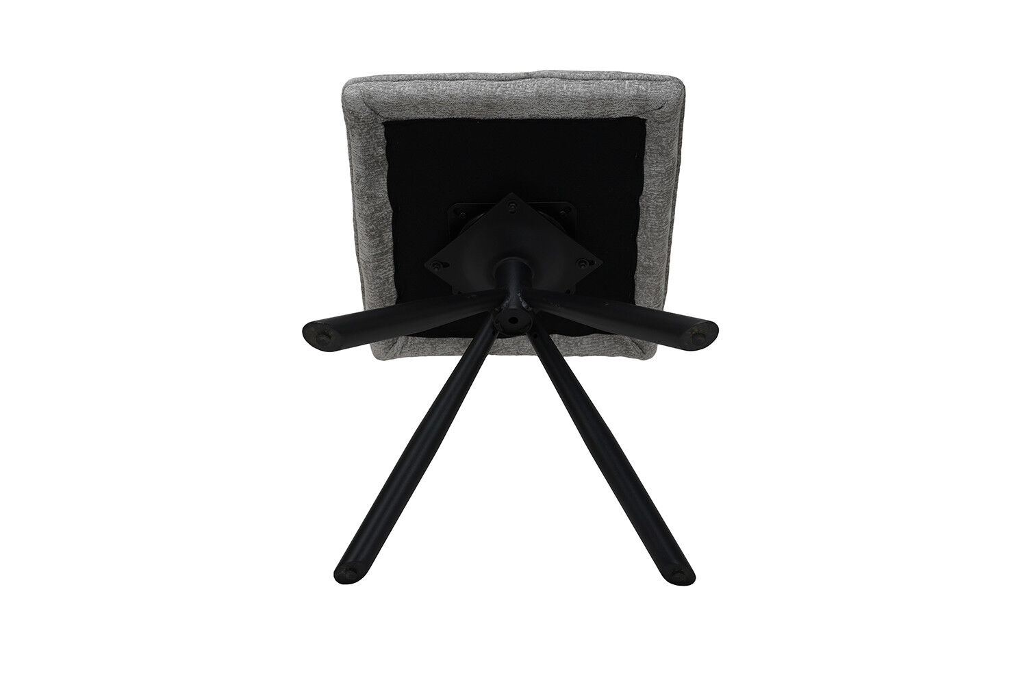 Stoel Jack Draaibaar Lichtgrijs Stof: Onderkant van de draaibare stoel met lichtgrijze stoffen zitting en zwart metalen onderstel.