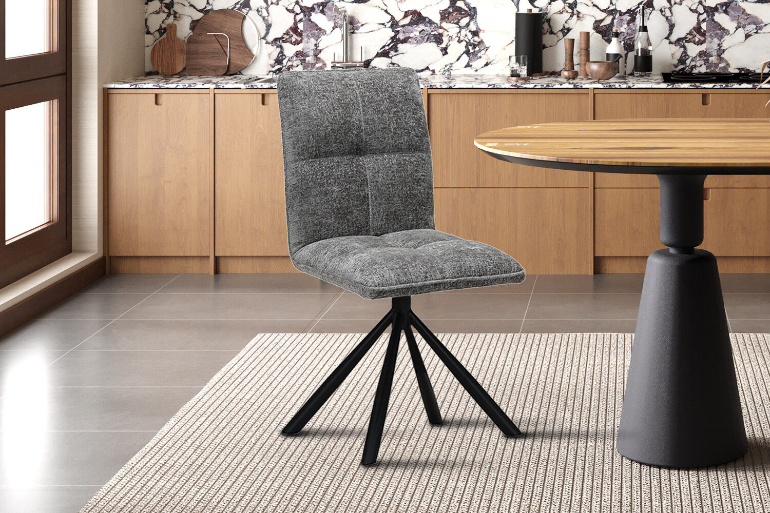 Stoel Jack Draaibaar Grijs Stof van Nieuwe Sfeer: grijze draaistoel met zwarte voet.