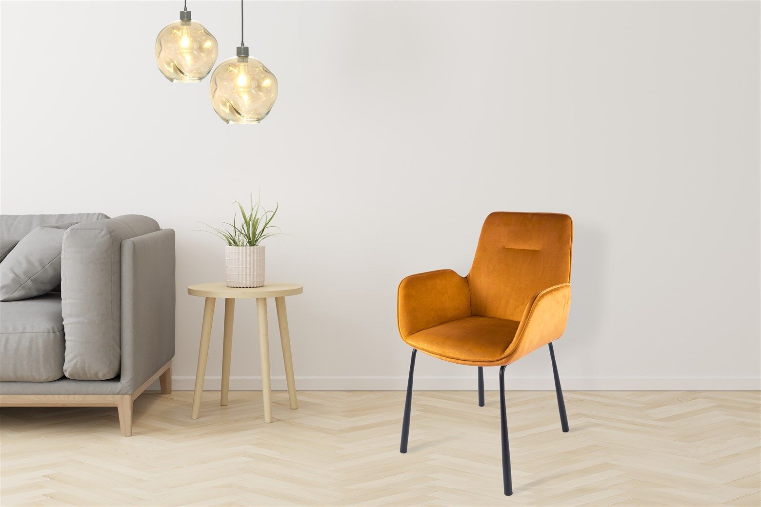 Stoel Eliot 100 Zand van Nieuwe Sfeer: Stijlvolle zandkleurige stoel in een woonkamer.