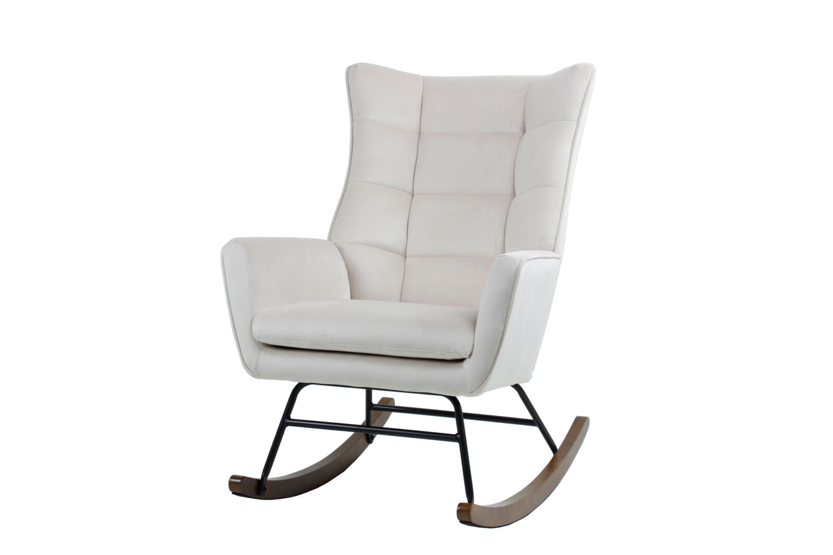 Schommelstoel Bryana 100 Beige: Beige schommelstoel met hoge, gewatteerde rugleuning en zwart metalen frame.