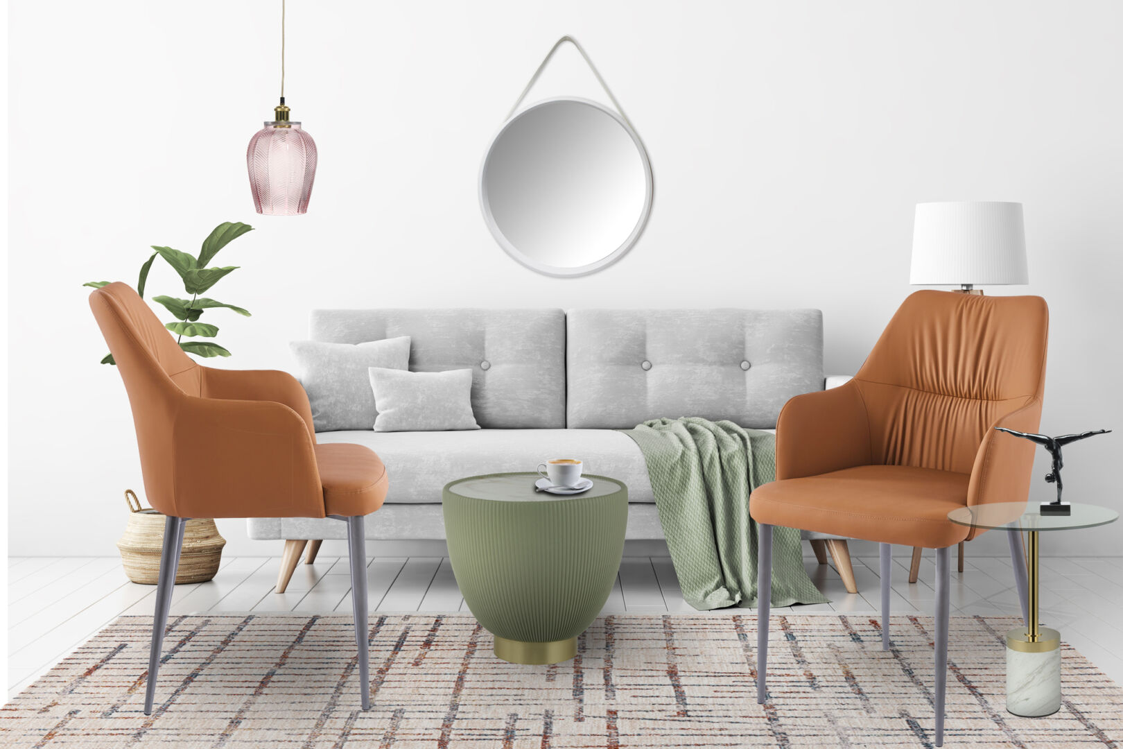 Stoel Merit 100 Camel Set van 2 | Nieuwe Sfeer: Interieur met camelkleurige stoelen en grijze bank.