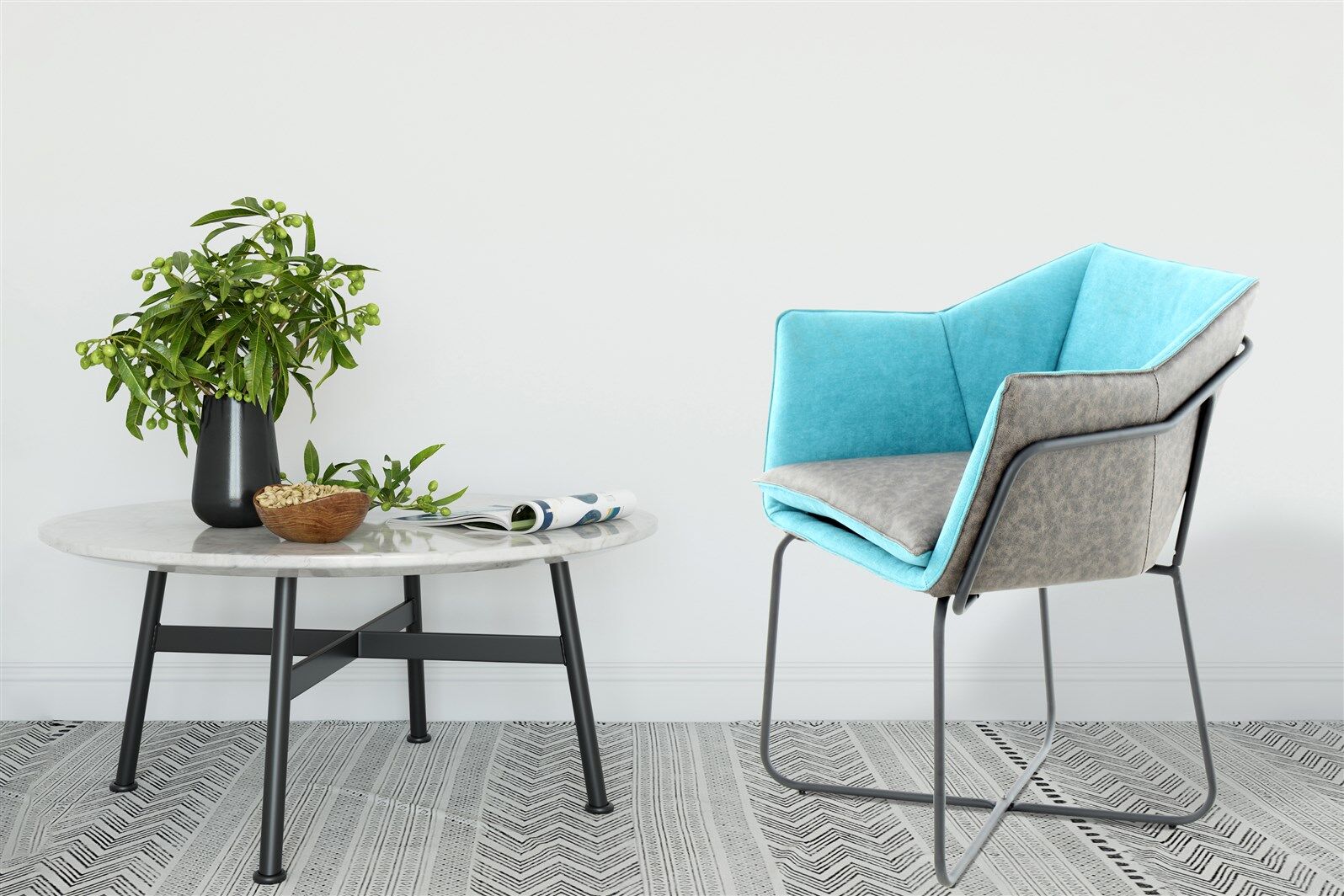 Stoel Marietta 100 Petrol Antraciet Kunstleer naast een marmeren bijzettafel | Nieuwe Sfeer