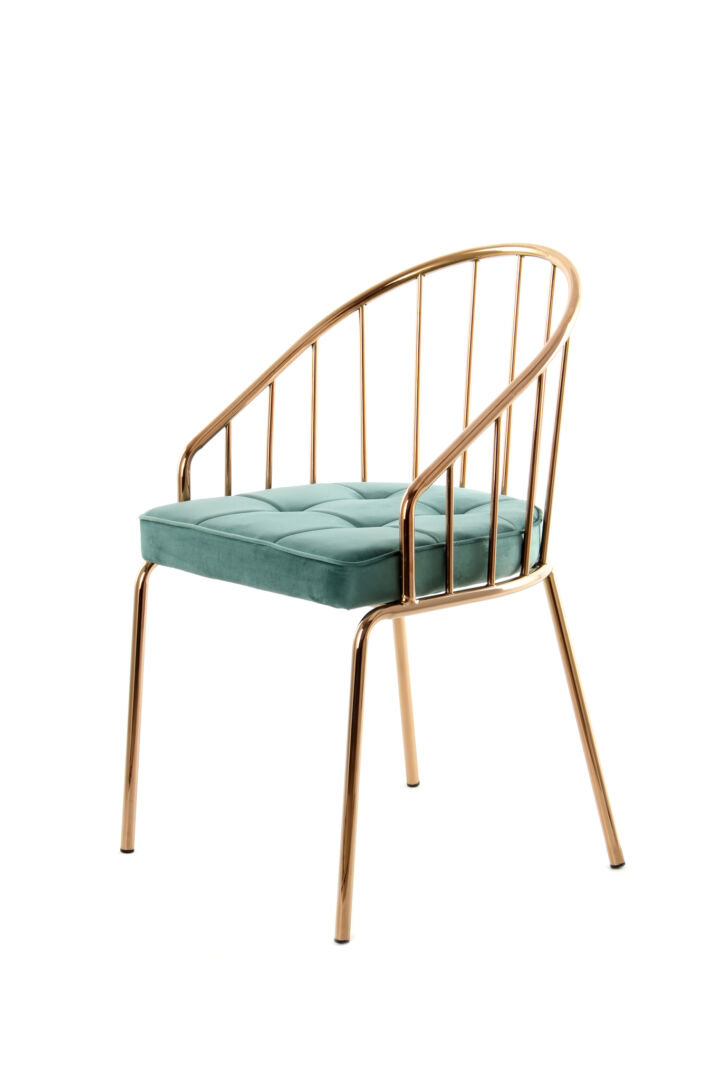 Stoel Palma 100 Donker Turquoise Rosé: Stoel met rosé gouden frame en donker turquoise kussen.