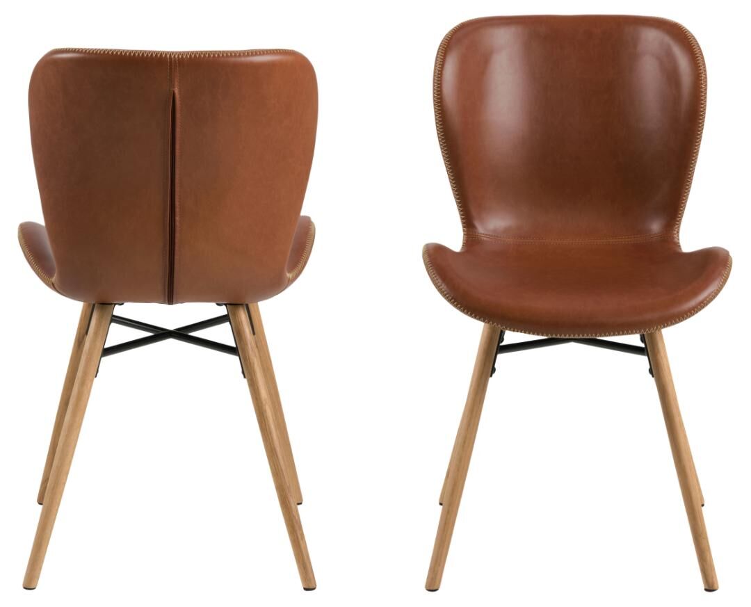 Batilda -A1 eetkamerstoel (set van 2): Bruine lederen eetkamerstoel met houten poten en zwarte metalen steunen.