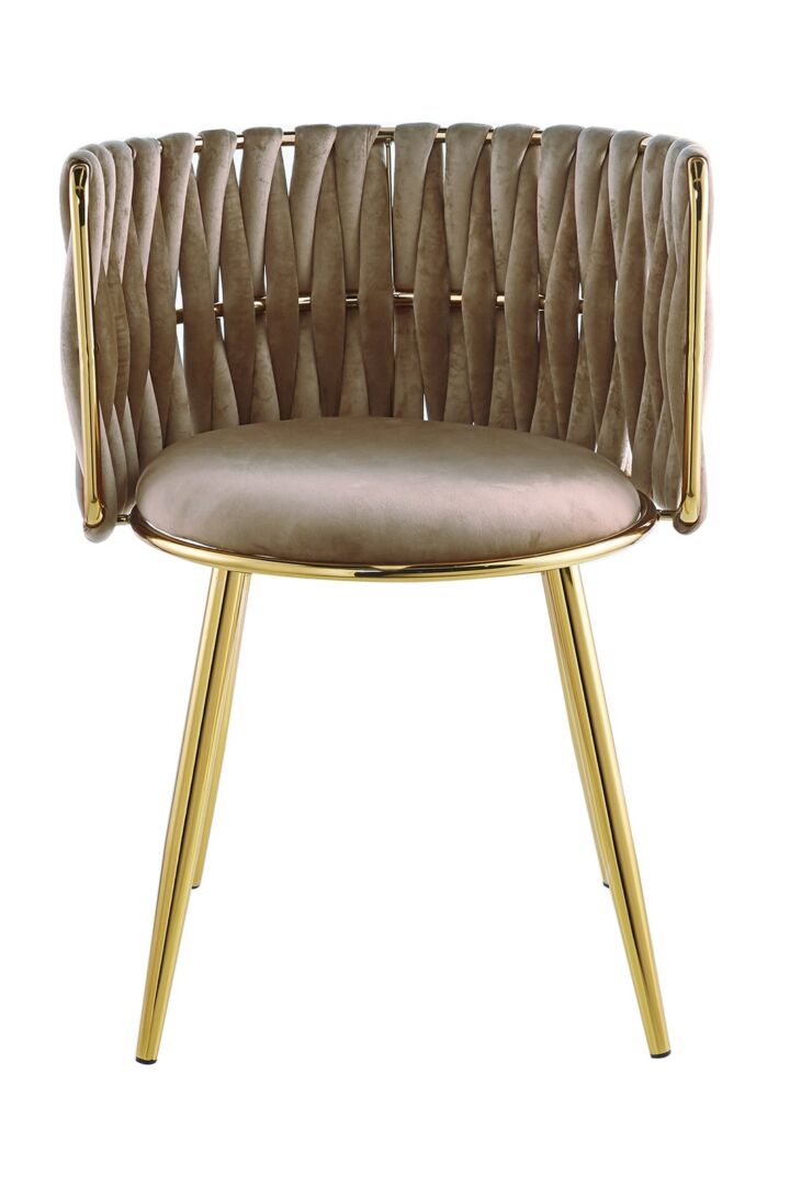 Stoel Milla 100 Beige: Set van 2 stoelen met gouden poten en beige geweven zitting en rugleuning van Nieuwe Sfeer.