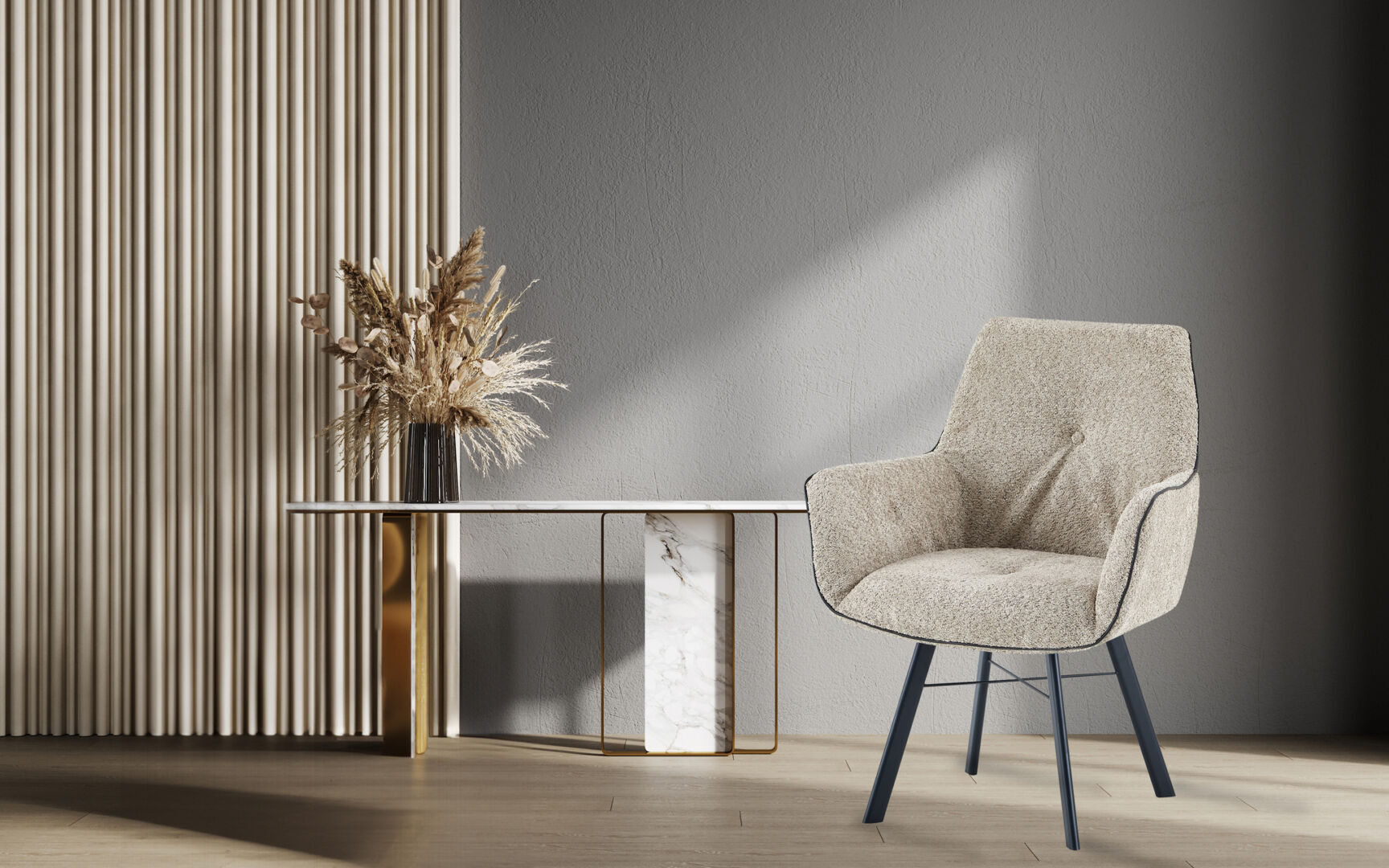 Eetkamerstoel Allie 100 Beige Draaibaar | Nieuwe Sfeer: Beige stoel in een minimalistische setting.