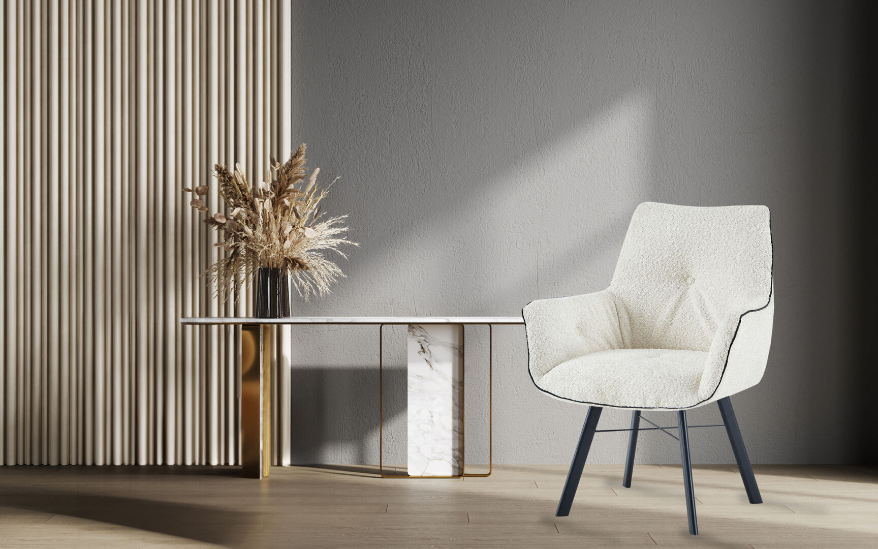 Eetkamerstoel Allie 100 Crème Draaibaar: Crèmekleurige boucle stoel met zwarte poten in stijlvolle kamer.