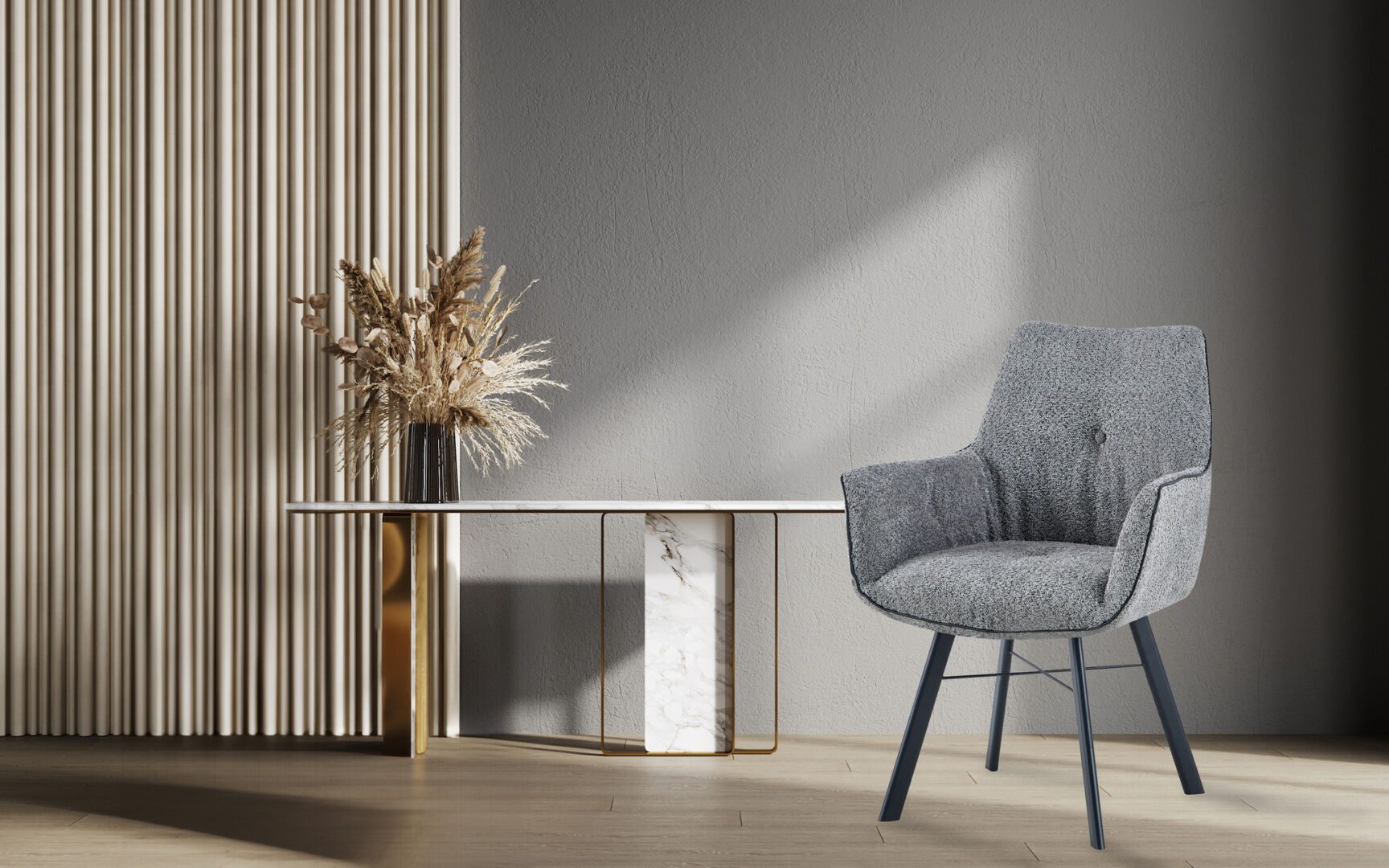 Eetkamerstoel Allie 100 Grijs Draaibaar | Nieuwe Sfeer: Grijze draaibare eetkamerstoel met armleuningen.