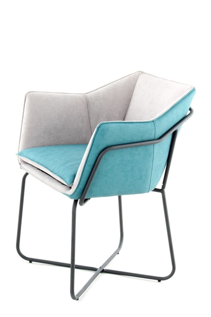 Stoel Marietta Grijs Petrol: moderne stoel met grijze en petrol bekleding en zwart metalen frame