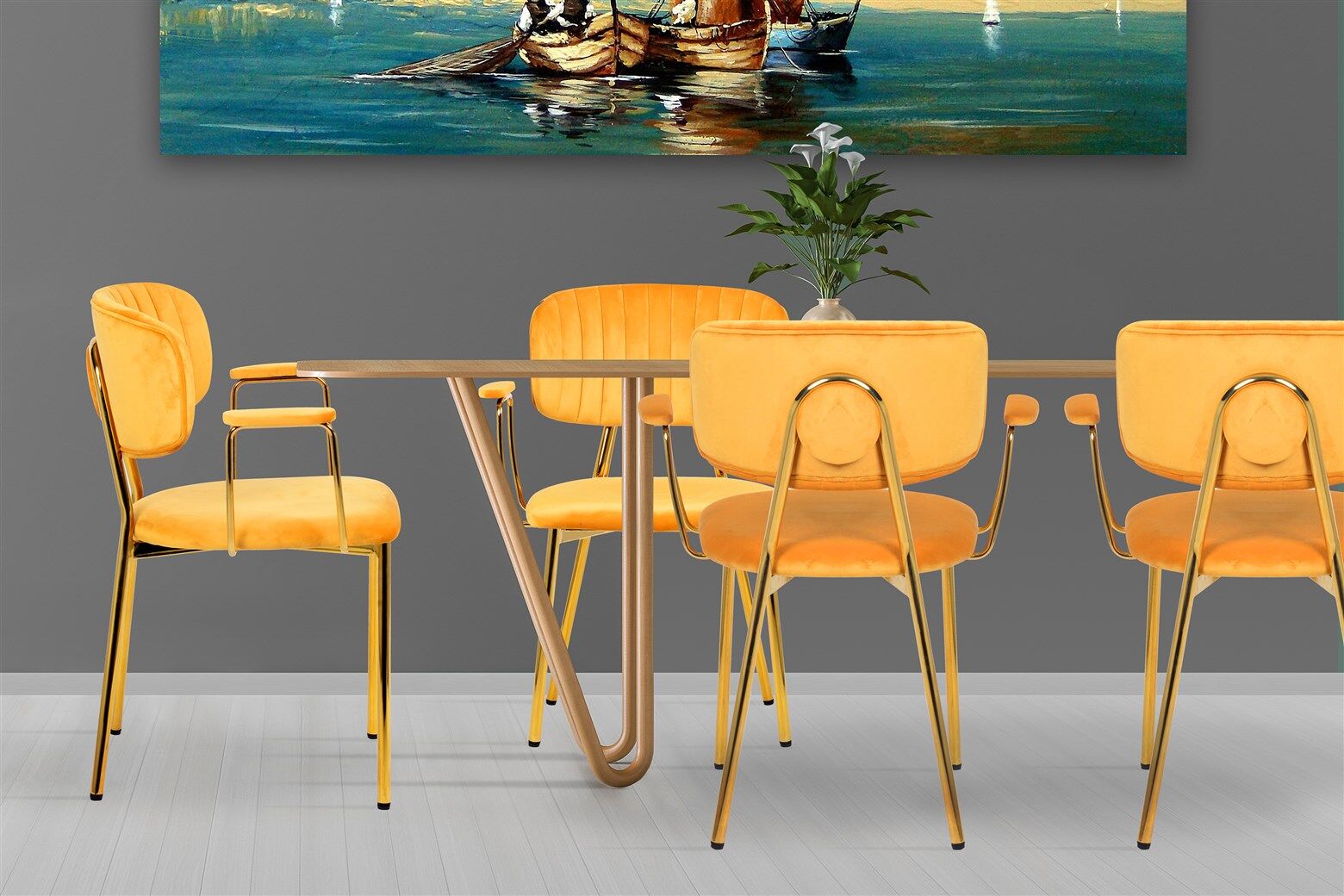 Stoel Kian 200 Lichtoranje: Eettafel met vier oranje velvet stoelen met gouden poten van Nieuwe Sfeer.