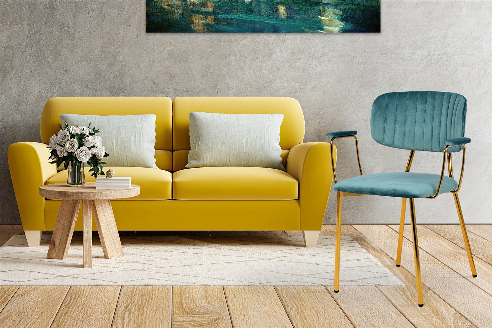 Stoel Kian 200 Mint: Teal stoel met gouden poten in een sfeervolle woonkamer setting met gele bank.