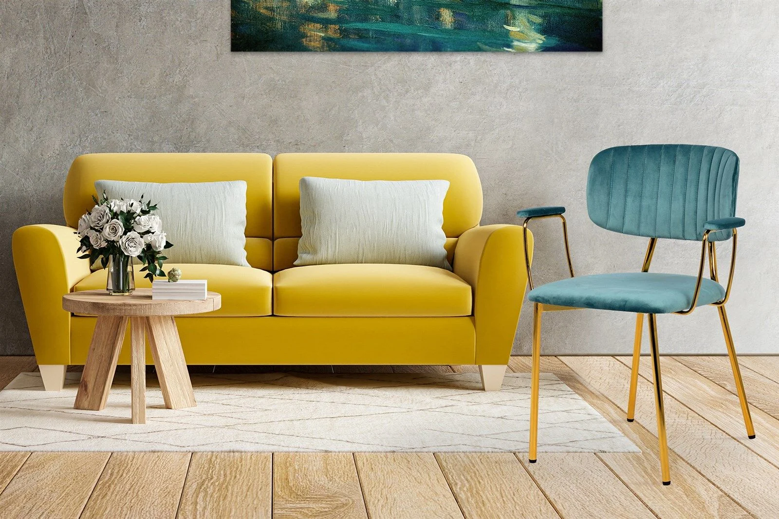 Stoel Kian 200 Mint: Teal stoel met gouden poten in een sfeervolle woonkamer setting met gele bank.