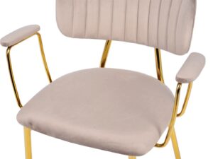 Stoel Kian 200 Taupe set van 2: Taupekleurige stoel met gouden frame en gestoffeerde rugleuning en armleuningen.
