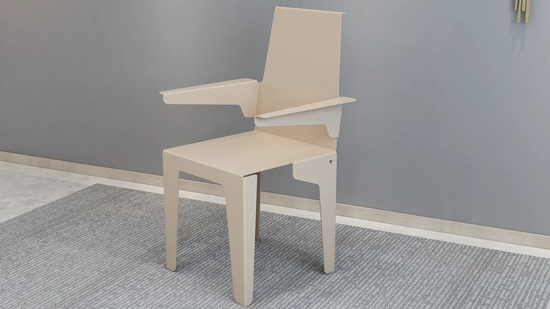 Piramidestoel Design Metaal: Beige designstoel met armleuningen tegen een grijze achtergrond.