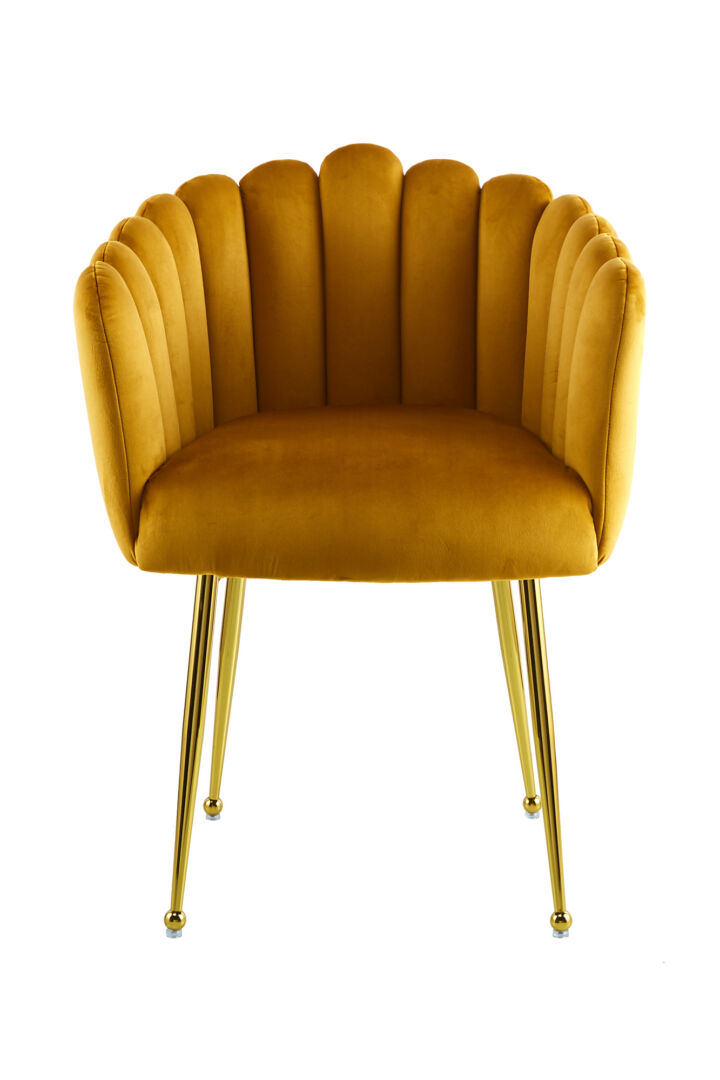 Stoel Muna 100 Lichtoranje Fluweel: fauteuil met geschulpte rugleuning en gouden poten.