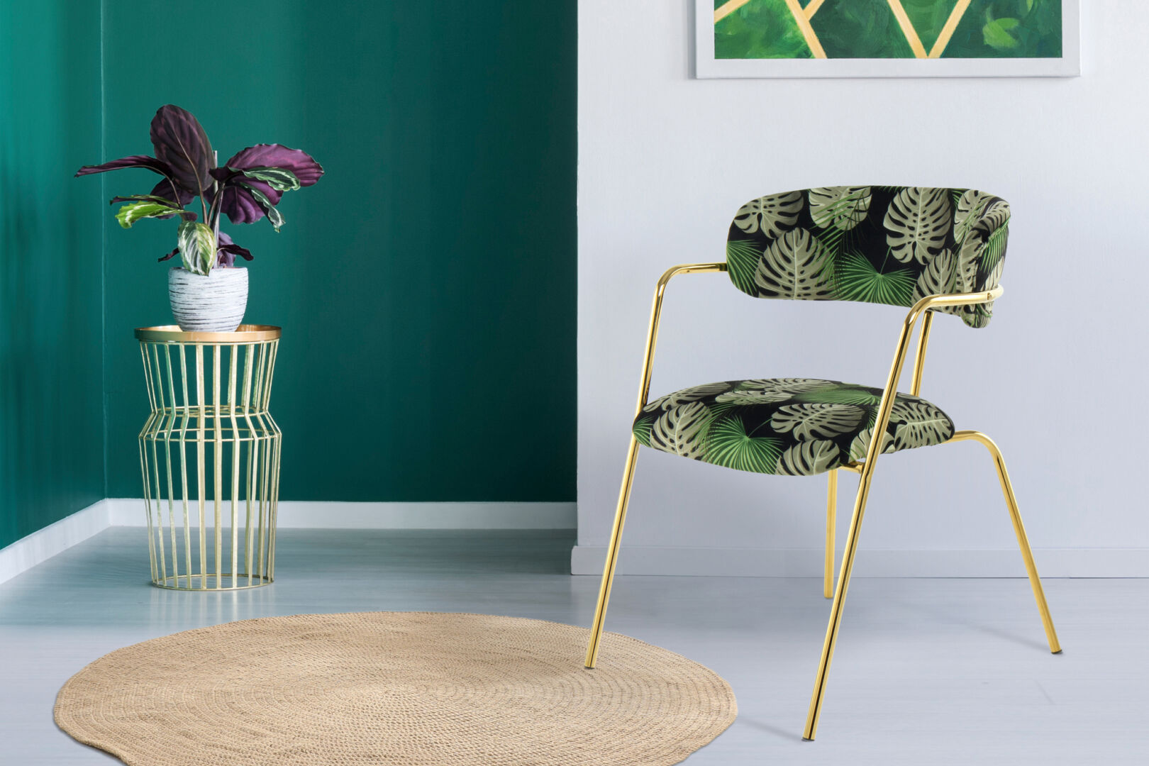 Stoel Forest 600 Groen Bloemen Fluweel: Groene stoel met bloemenpatroon en gouden frame van Nieuwe Sfeer.