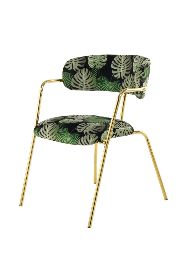 Stoel Forest 600 Groen Bloemen Fluweel | Nieuwe Sfeer: Stoel met tropisch bladmotief en gouden metalen frame.