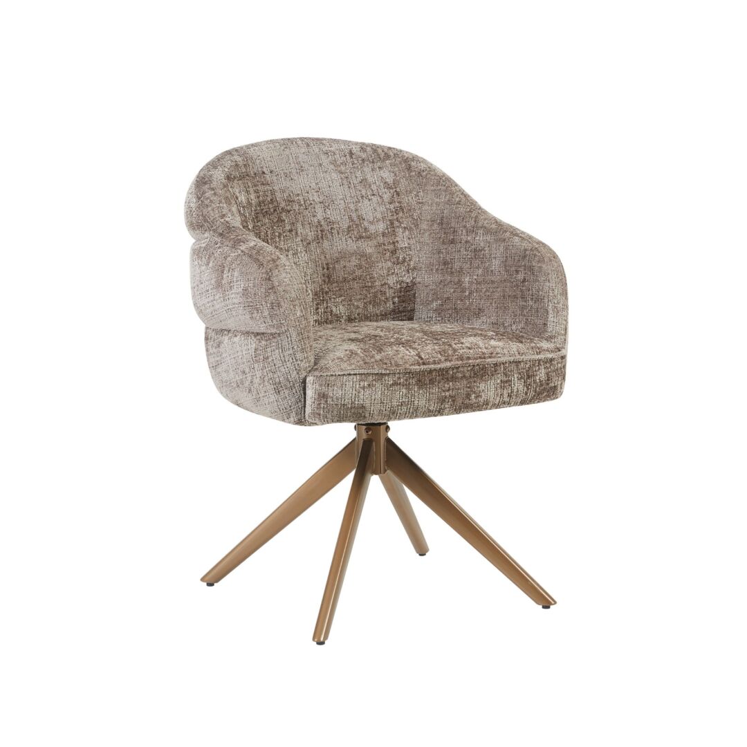 Eetkamerstoel Bella Klei Brons met armleuningen: Draaifauteuil met gestoffeerde zitting en bronzen onderstel.