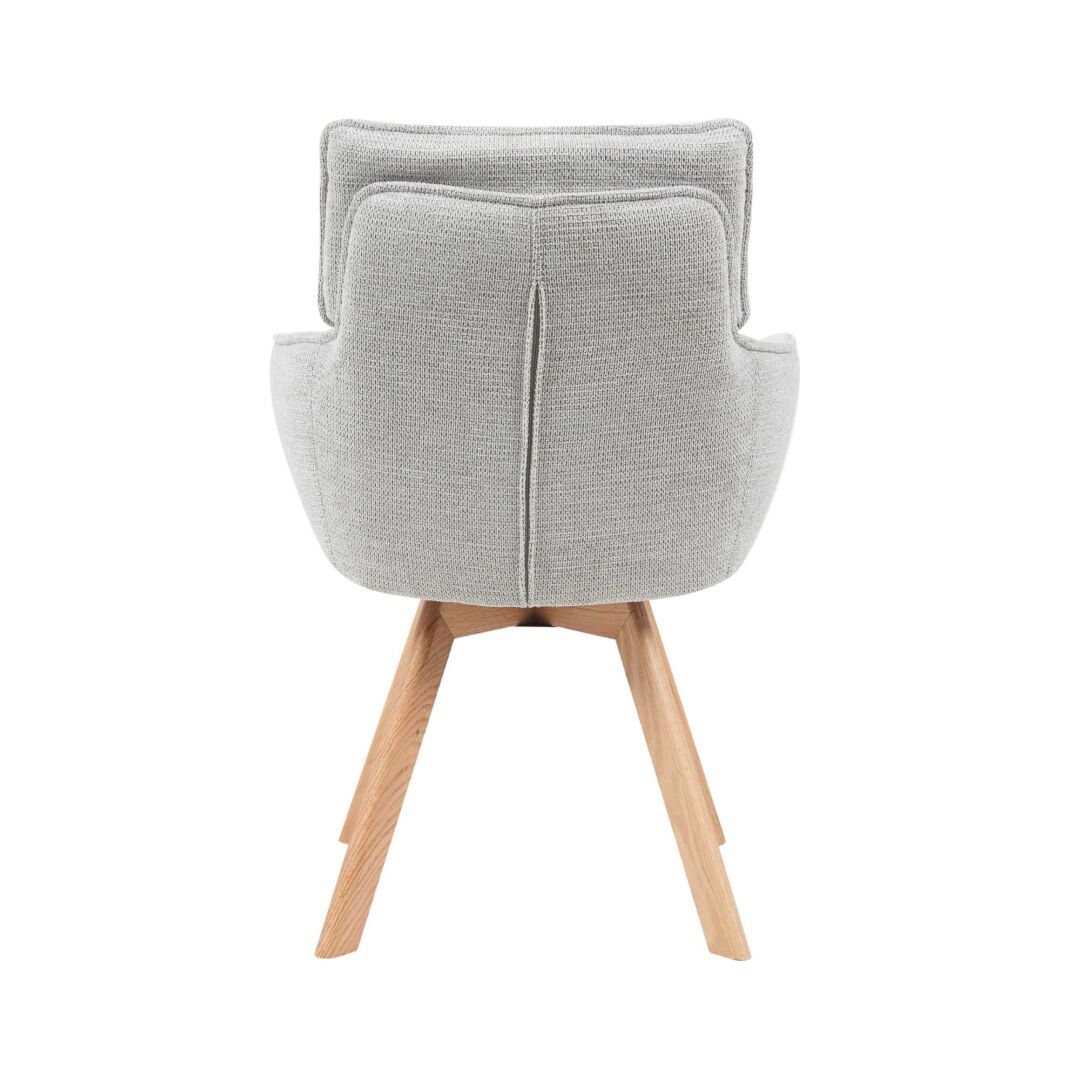 Eetkamerstoel Jona Taupe van Nieuwe Sfeer, grijze gestoffeerde stoel met houten poten, achteraanzicht.