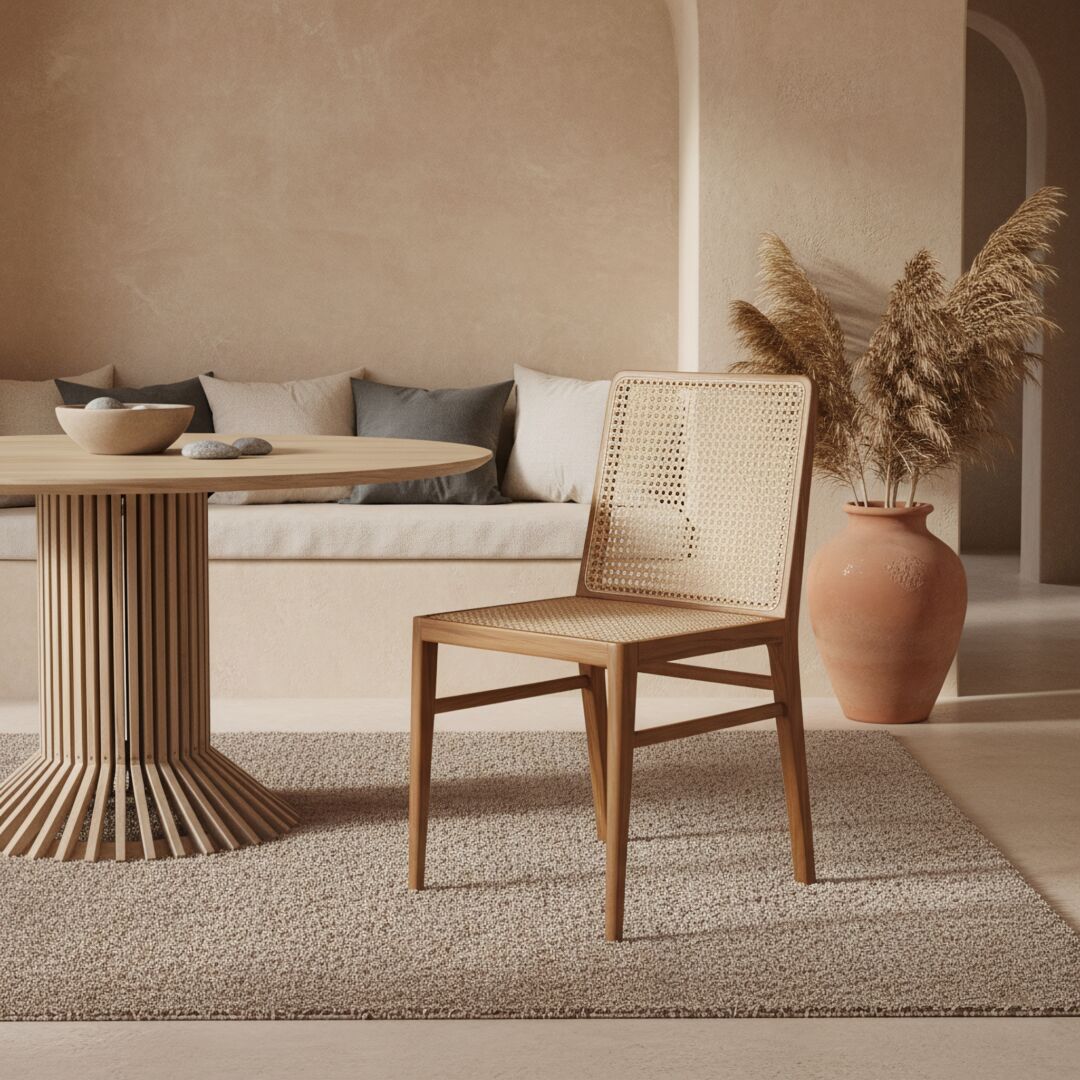 Nova teakhouten eetkamerstoel naturel: Houten stoel met geweven rugleuning en zitting naast een ronde tafel.